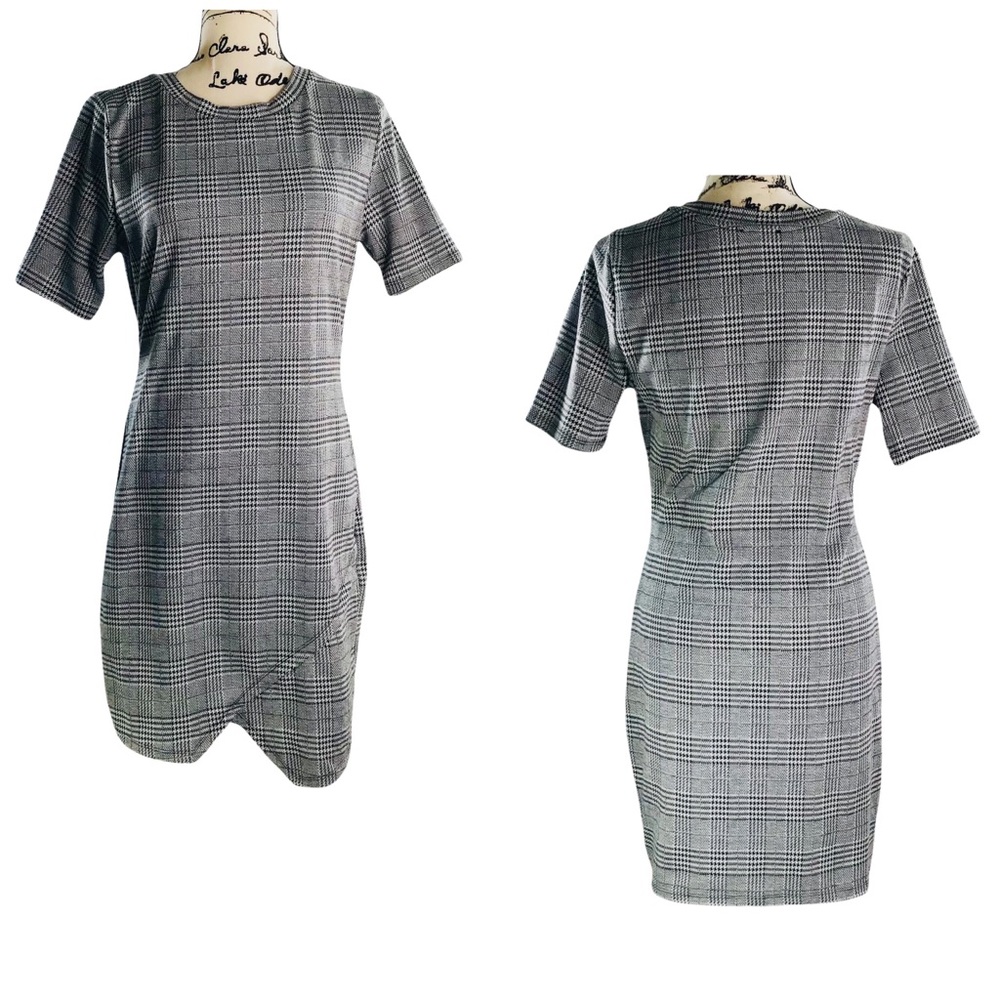 IRIS - Plaid Houndstooth Short Sleeve Career Dress - XL